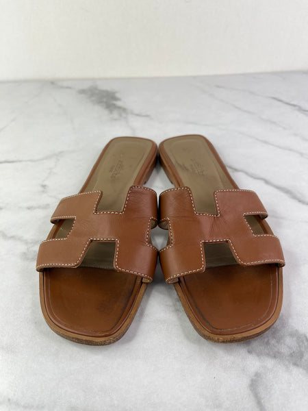 Hermes Gold (Brown) Oran Flat Sandals Size 37