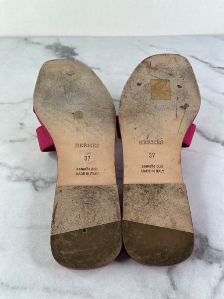 Hermes Dark Pink Epsom Calfskin Leather Oran Flat Sandals Size 37