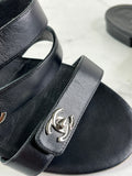 Chanel Black CC Turnlock Leather Triple Strap Flat Slides Size 37