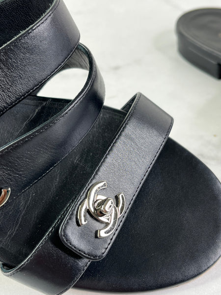Chanel Black CC Turnlock Leather Triple Strap Flat Slides Size 37