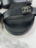 Chanel Black CC Turnlock Leather Triple Strap Flat Slides Size 37