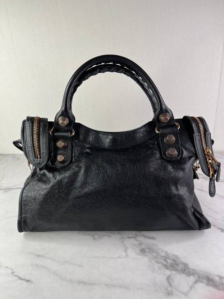 BALENCIAGA Black Lambskin Leather Giant 21 Rose Gold Motorcycle City Shoulder Bag