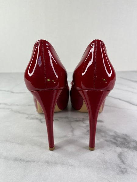 Ferragamo Red Rosso Patent Pimpa Rounded Toe Bow Pumps Size 6