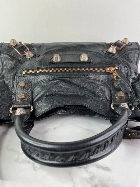 BALENCIAGA Black Lambskin Leather Giant 21 Rose Gold Motorcycle City Shoulder Bag
