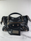 BALENCIAGA Black Lambskin Leather Giant 21 Rose Gold Motorcycle City Shoulder Bag