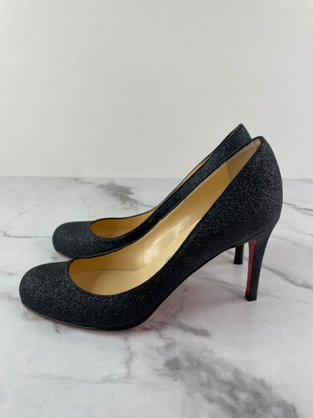 CHRISTIAN LOUBOUTIN Black Glitter Mini Simple 85 Pumps Size 36.5