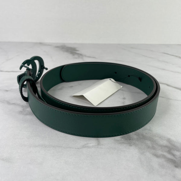 Gucci Green Azalea Calfskin Enamel Monochrome Double G Belt Size 85/34