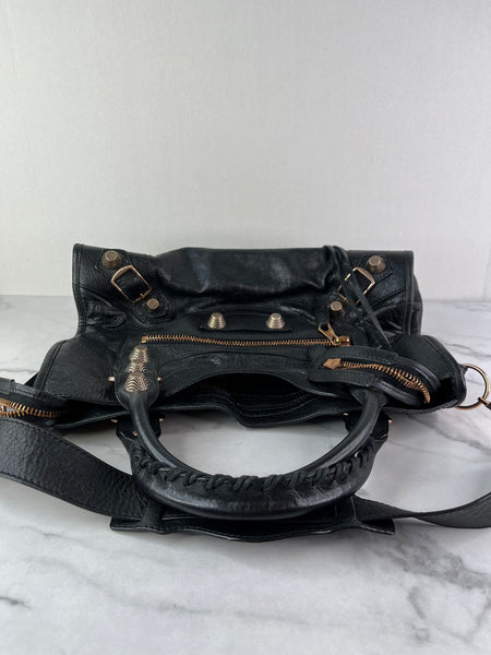 BALENCIAGA Black Lambskin Leather Giant 21 Rose Gold Motorcycle City Shoulder Bag
