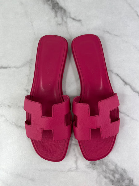 Hermes Dark Pink Epsom Calfskin Leather Oran Flat Sandals Size 37