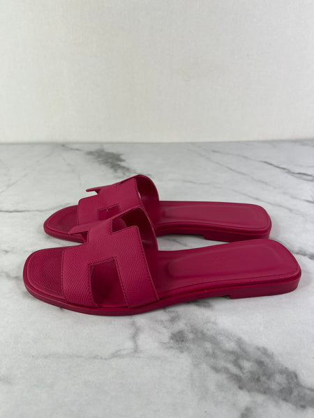 Hermes Dark Pink Epsom Calfskin Leather Oran Flat Sandals Size 37