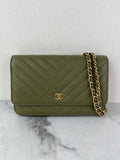 CHANEL Chevron Green Wallet on Chain Crossbody/Shoulder Bag