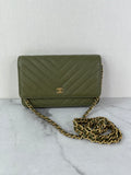 CHANEL Chevron Green Wallet on Chain Crossbody/Shoulder Bag
