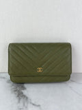 CHANEL Chevron Green Wallet on Chain Crossbody/Shoulder Bag