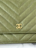 CHANEL Chevron Green Wallet on Chain Crossbody/Shoulder Bag
