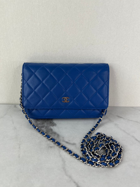 CHANEL Quilted Lambskin Blue Wallet on Chain Crossbody/Shoulder Bag