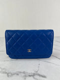CHANEL Quilted Lambskin Blue Wallet on Chain Crossbody/Shoulder Bag