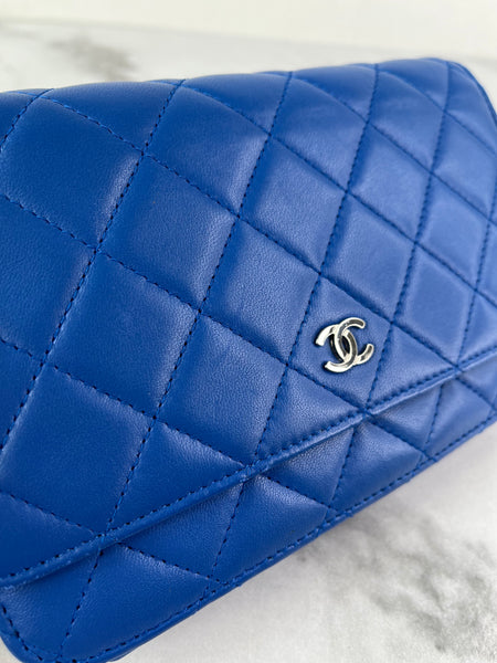 CHANEL Quilted Lambskin Blue Wallet on Chain Crossbody/Shoulder Bag