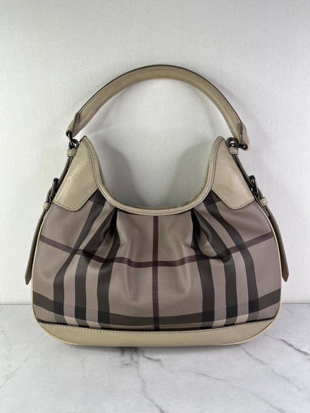 BURBERRY Light Taupe Beige Smoked Check Coated Canvas Brooklyn hobo shoulder bag
