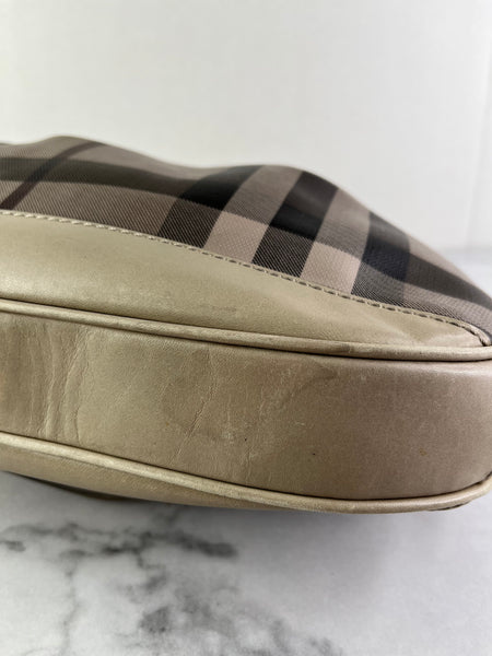 BURBERRY Light Taupe Beige Smoked Check Coated Canvas Brooklyn hobo shoulder bag