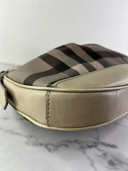 BURBERRY Light Taupe Beige Smoked Check Coated Canvas Brooklyn hobo shoulder bag