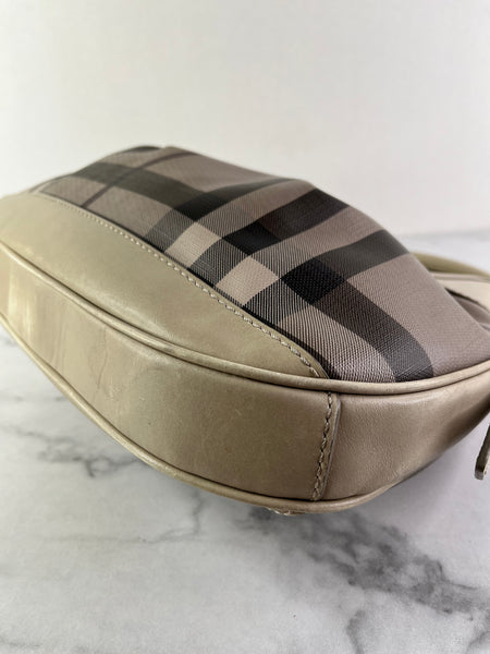 BURBERRY Light Taupe Beige Smoked Check Coated Canvas Brooklyn hobo shoulder bag