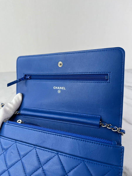 CHANEL Quilted Lambskin Blue Wallet on Chain Crossbody/Shoulder Bag