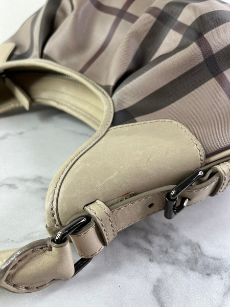 BURBERRY Light Taupe Beige Smoked Check Coated Canvas Brooklyn hobo shoulder bag