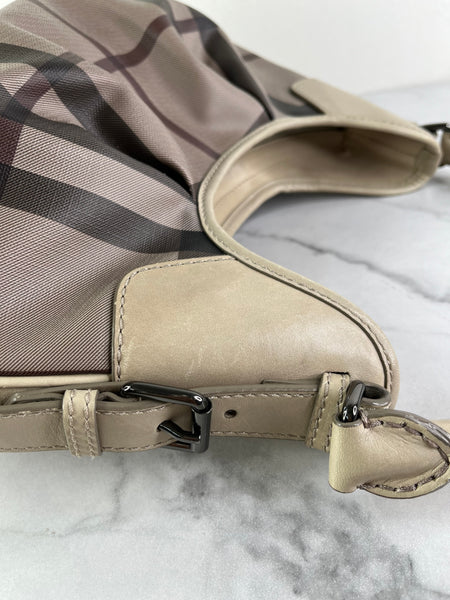 BURBERRY Light Taupe Beige Smoked Check Coated Canvas Brooklyn hobo shoulder bag