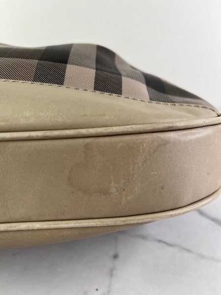 BURBERRY Light Taupe Beige Smoked Check Coated Canvas Brooklyn hobo shoulder bag