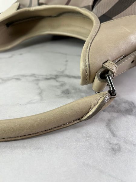 BURBERRY Light Taupe Beige Smoked Check Coated Canvas Brooklyn hobo shoulder bag