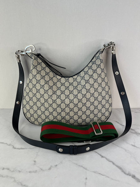GUCCI Beige/Blue GG Supreme Monogram Textured Calfskin Web Large Attache Shoulder/Crossbody Bag