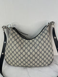 GUCCI Beige/Blue GG Supreme Monogram Textured Calfskin Web Large Attache Shoulder/Crossbody Bag