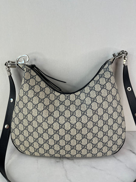 GUCCI Beige/Blue GG Supreme Monogram Textured Calfskin Web Large Attache Shoulder/Crossbody Bag