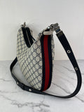 GUCCI Beige/Blue GG Supreme Monogram Textured Calfskin Web Large Attache Shoulder/Crossbody Bag