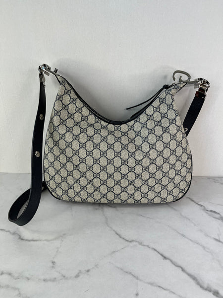GUCCI Beige/Blue GG Supreme Monogram Textured Calfskin Web Large Attache Shoulder/Crossbody Bag