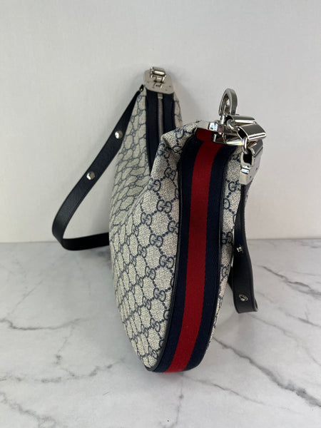 GUCCI Beige/Blue GG Supreme Monogram Textured Calfskin Web Large Attache Shoulder/Crossbody Bag