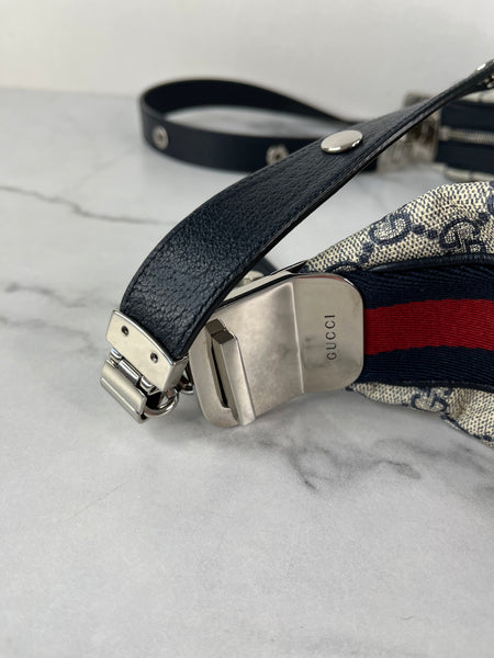 GUCCI Beige/Blue GG Supreme Monogram Textured Calfskin Web Large Attache Shoulder/Crossbody Bag