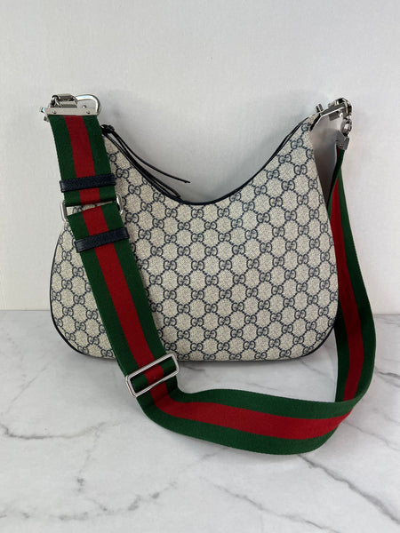 GUCCI Beige/Blue GG Supreme Monogram Textured Calfskin Web Large Attache Shoulder/Crossbody Bag