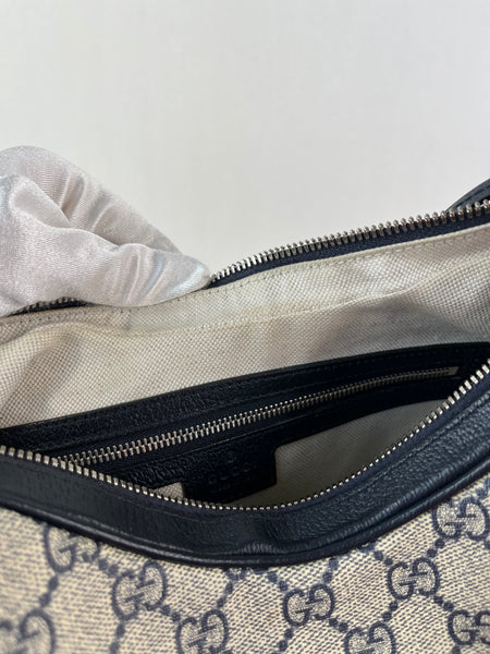 GUCCI Beige/Blue GG Supreme Monogram Textured Calfskin Web Large Attache Shoulder/Crossbody Bag