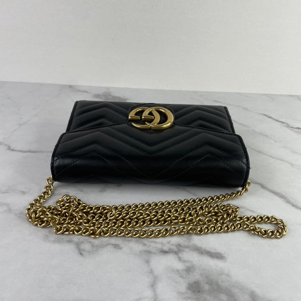 GUCCI Black Calfskin Matelasse Mini GG Marmont Chain Wallet/Crossbody Bag