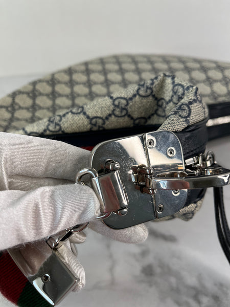 GUCCI Beige/Blue GG Supreme Monogram Textured Calfskin Web Large Attache Shoulder/Crossbody Bag