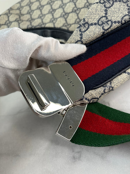 GUCCI Beige/Blue GG Supreme Monogram Textured Calfskin Web Large Attache Shoulder/Crossbody Bag
