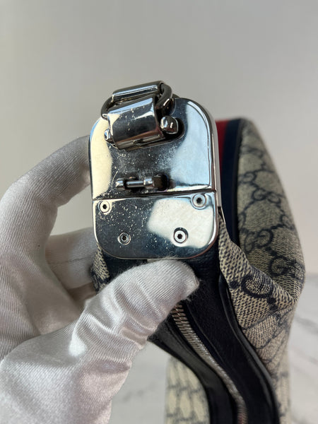 GUCCI Beige/Blue GG Supreme Monogram Textured Calfskin Web Large Attache Shoulder/Crossbody Bag