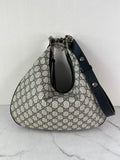 GUCCI Beige/Blue GG Supreme Monogram Textured Calfskin Web Large Attache Shoulder/Crossbody Bag