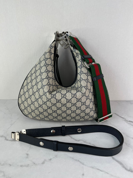 GUCCI Beige/Blue GG Supreme Monogram Textured Calfskin Web Large Attache Shoulder/Crossbody Bag