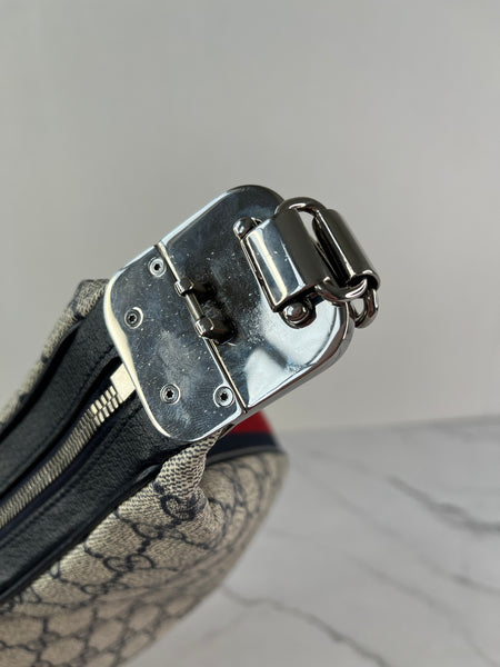 GUCCI Beige/Blue GG Supreme Monogram Textured Calfskin Web Large Attache Shoulder/Crossbody Bag