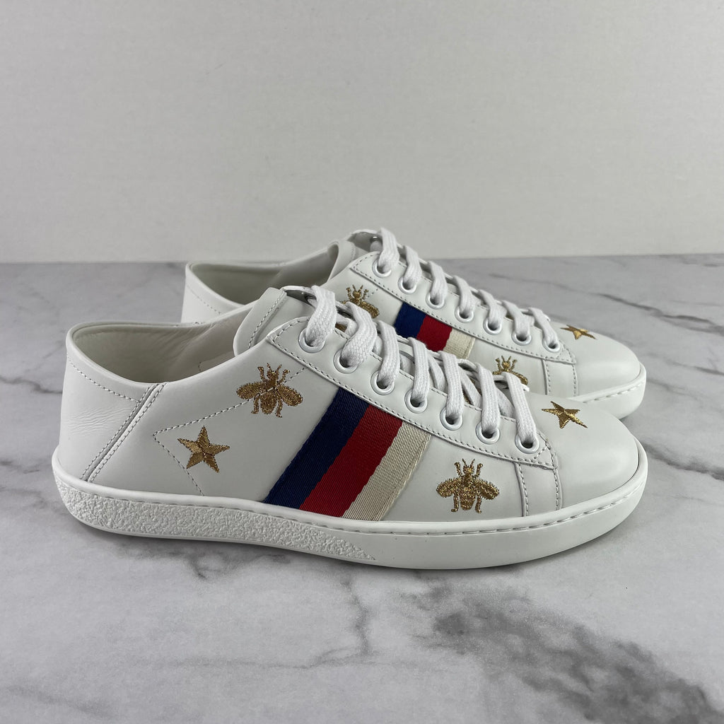 Women's White Ace Bee & Star Heel Leather Sneakers Forever Red Soles