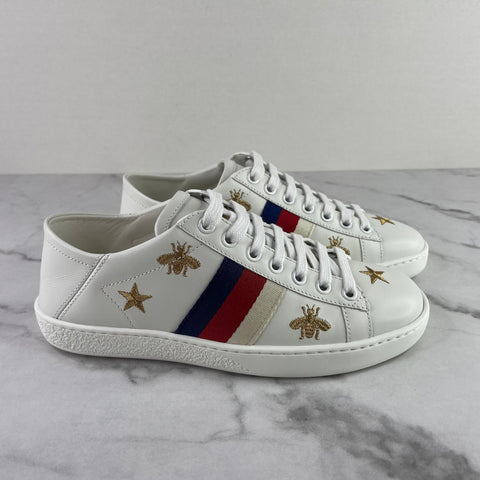 Gucci Women's White Ace Bee & Star Collapsible Heel Leather Sneakers Size 35