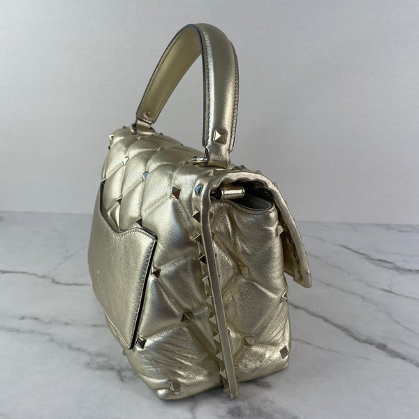 Valentino Platino (Metallic Gold) Quilted Leather Medium Candystud Top Handle Crossbody/Shoulder Bag