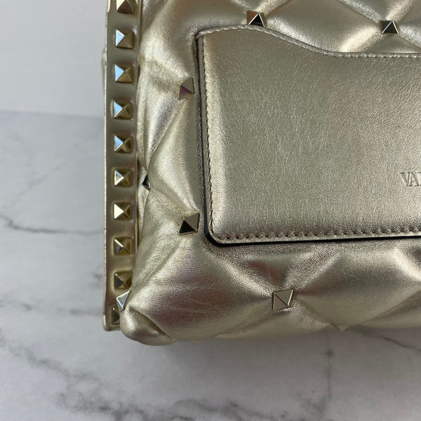 Valentino Platino (Metallic Gold) Quilted Leather Medium Candystud Top Handle Crossbody/Shoulder Bag